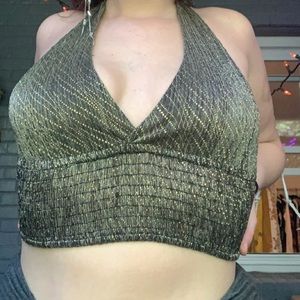 black & gold shiny halter crop top